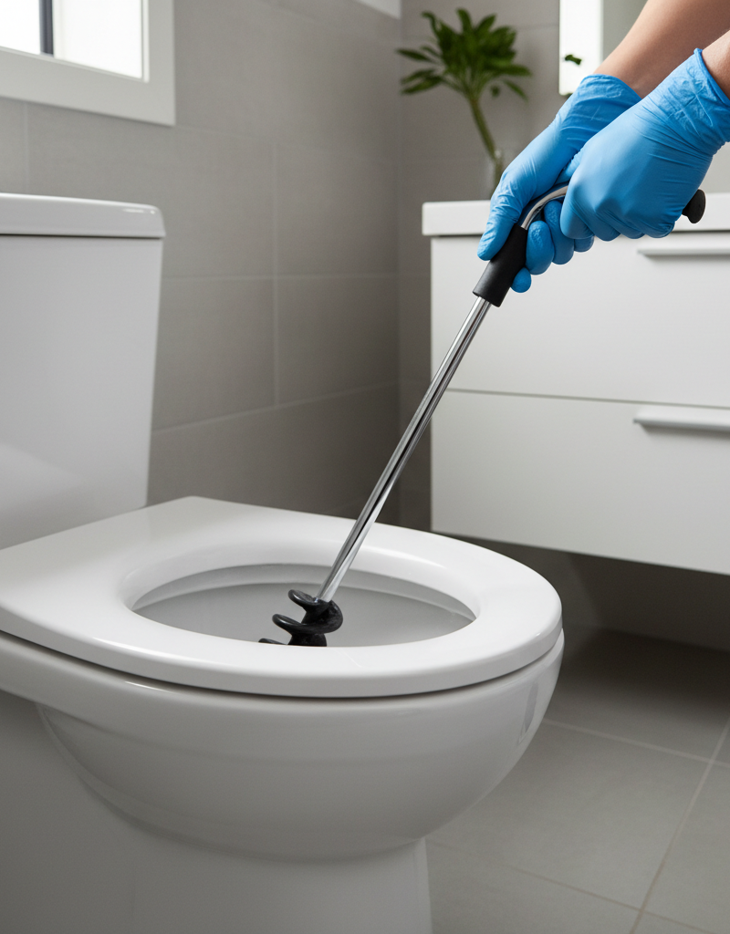 Homeowner using a toilet auger to clear a frequently clogging toilet drain.