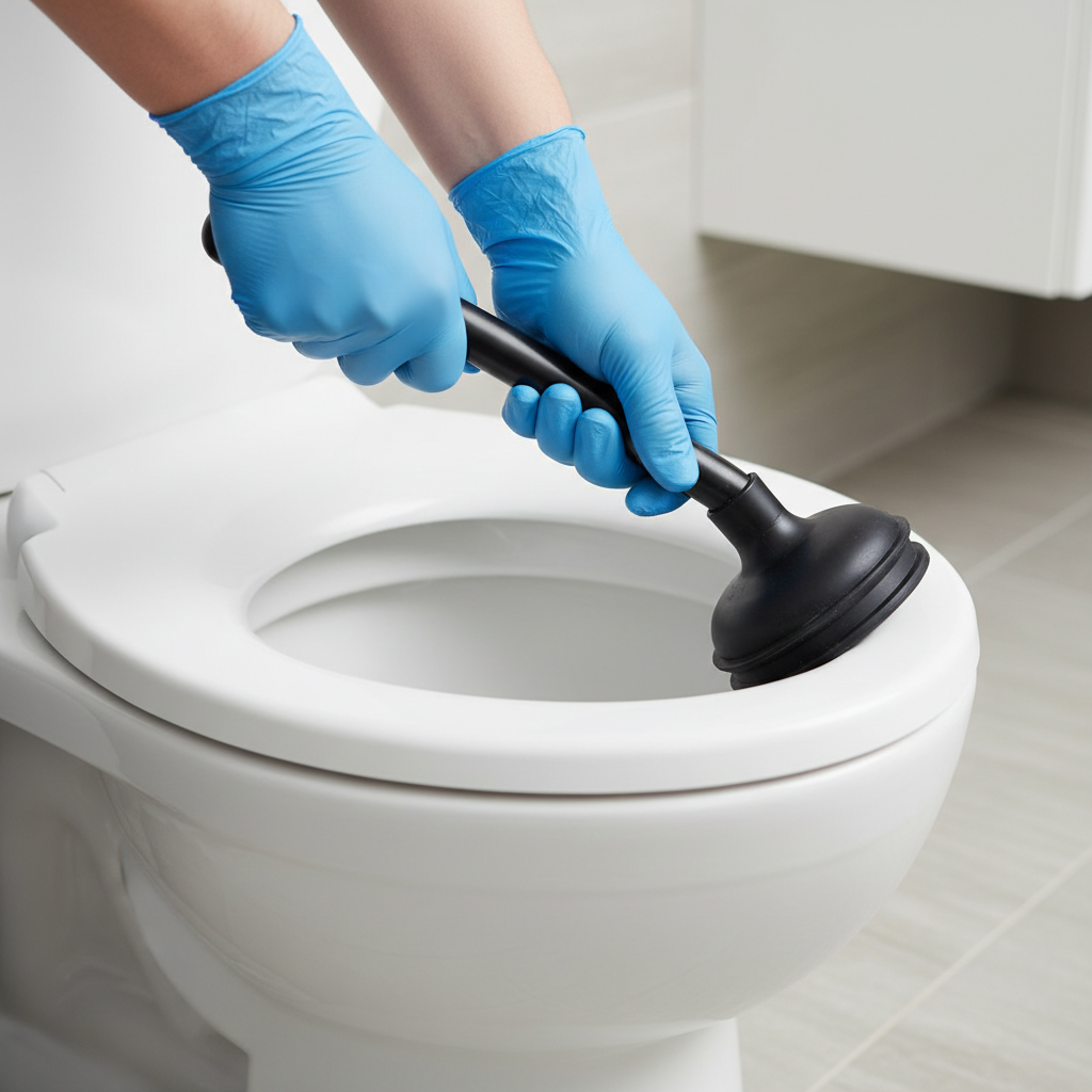 Homeowner using a flange plunger to clear a frequently clogging toilet