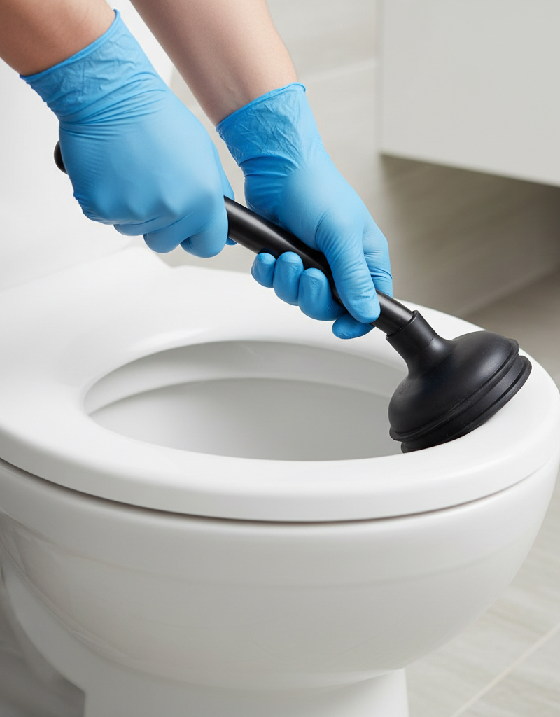 Homeowner using a flange plunger to clear a frequently clogging toilet