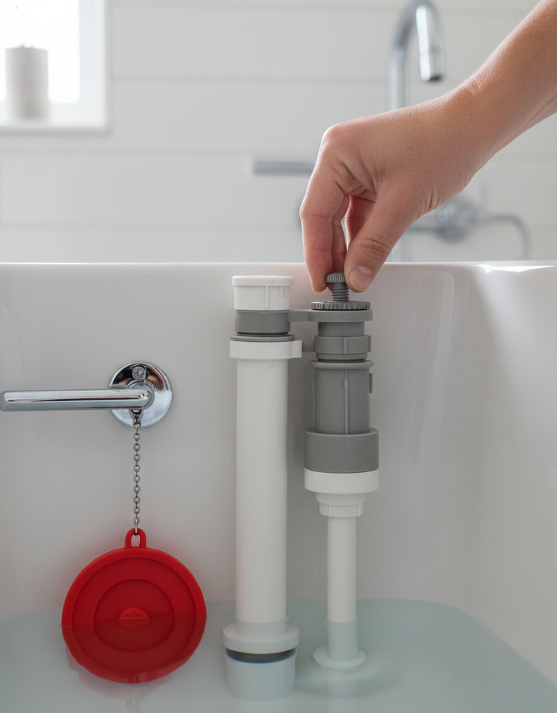 Homeowner adjusting toilet tank components to fix a constantly clogging toilet.