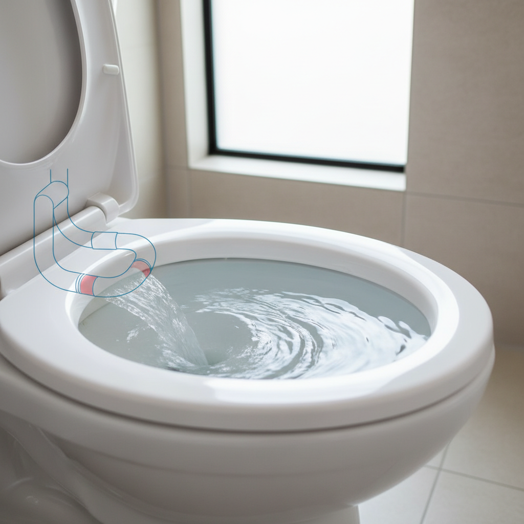 Toilet bowl with water swirling, indicating a proper flush, with an inset showing cross-section of the trapway.