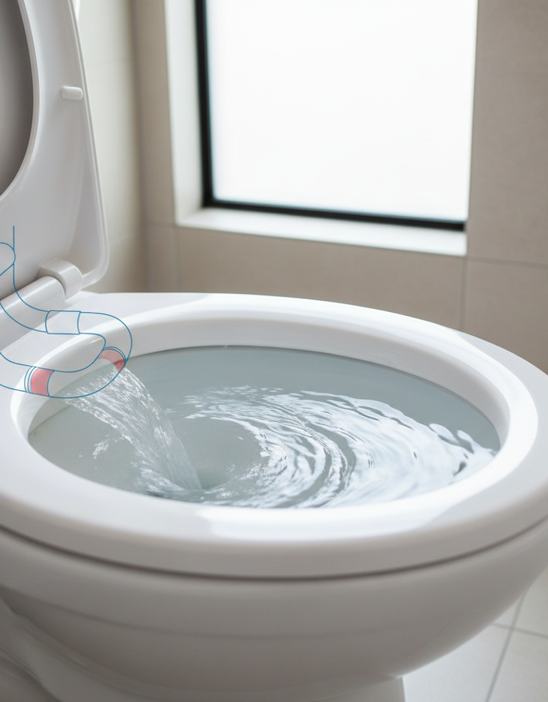 Toilet bowl with water swirling, indicating a proper flush, with an inset showing cross-section of the trapway.