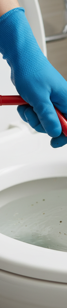 Hands using a toilet auger to clear a stubborn clog from a toilet