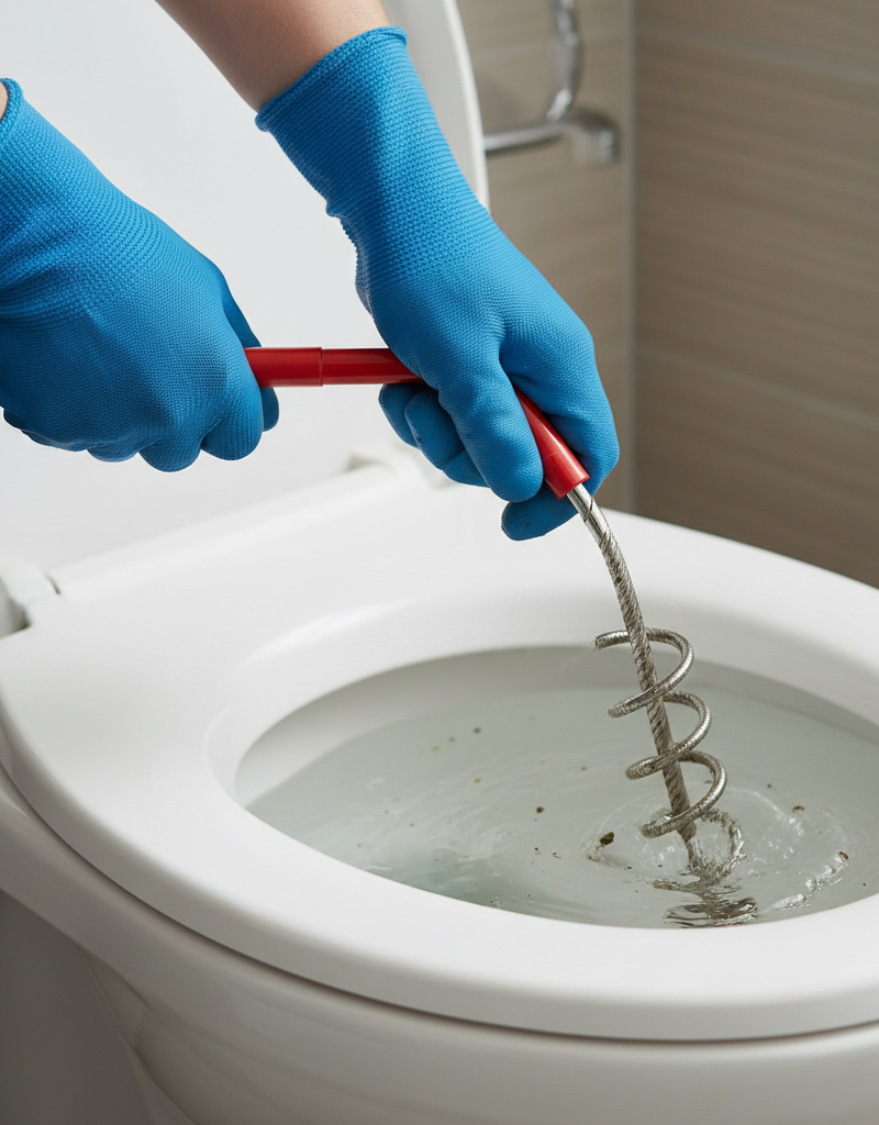 Hands using a toilet auger to clear a stubborn clog from a toilet