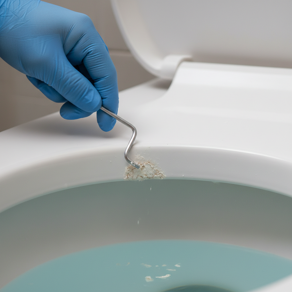 Hand cleaning mineral deposits from under the rim of a toilet bowl to improve flush power and prevent clogs.