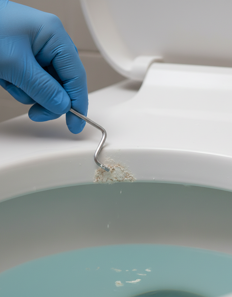 Hand cleaning mineral deposits from under the rim of a toilet bowl to improve flush power and prevent clogs.
