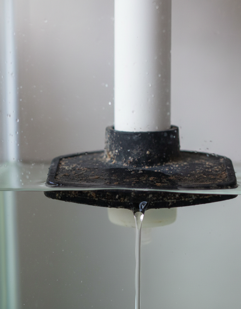 Close-up of an old, corroded toilet flapper inside a tank, letting water leak, symbolizing a common cause of weak flushes and clogs.