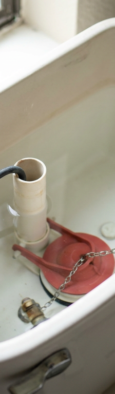 The inside components of a toilet tank, showing the flapper, chain, and fill valve that cause a running toilet.