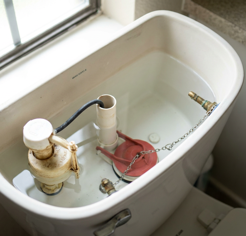 The inside components of a toilet tank, showing the flapper, chain, and fill valve that cause a running toilet.