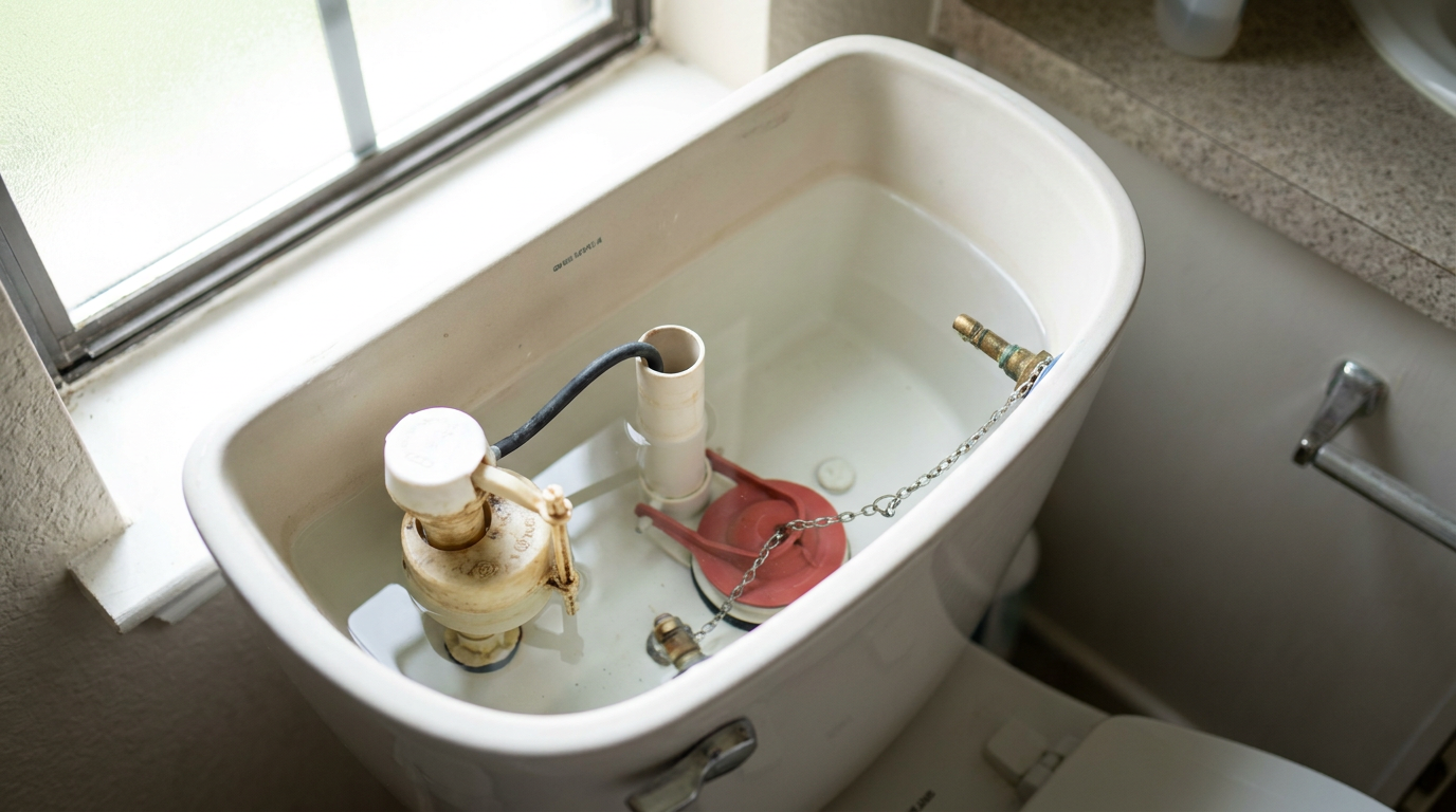 The inside components of a toilet tank, showing the flapper, chain, and fill valve that cause a running toilet.