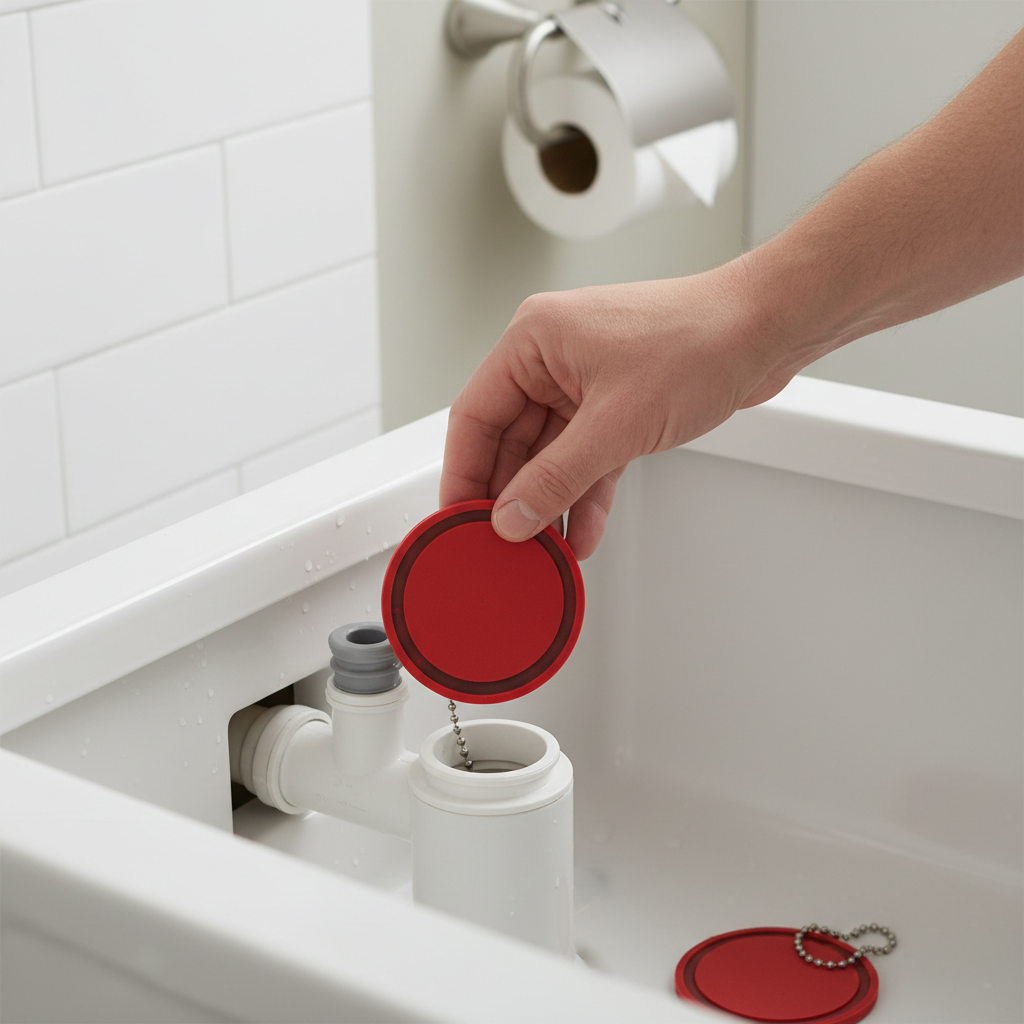 Hand replacing a red rubber flapper in a toilet tank, showing the flush valve mechanism.