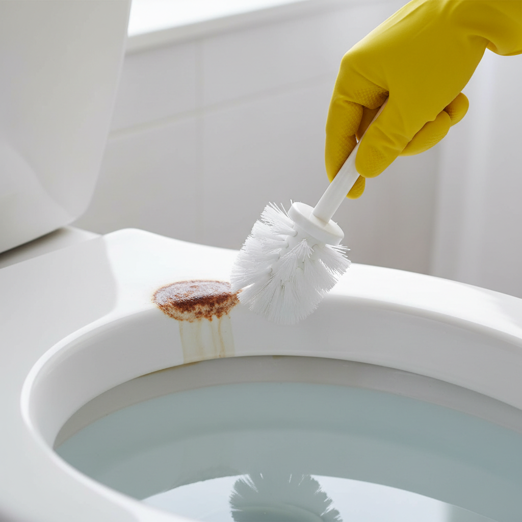 A close-up of a toilet bowl showing a stubborn reddish-brown rust ring, with a gloved hand holding a toilet brush poised to scrub it away.