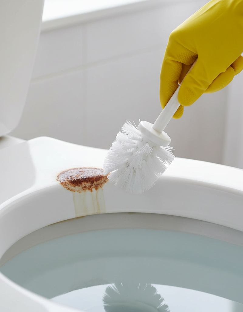 A close-up of a toilet bowl showing a stubborn reddish-brown rust ring, with a gloved hand holding a toilet brush poised to scrub it away.