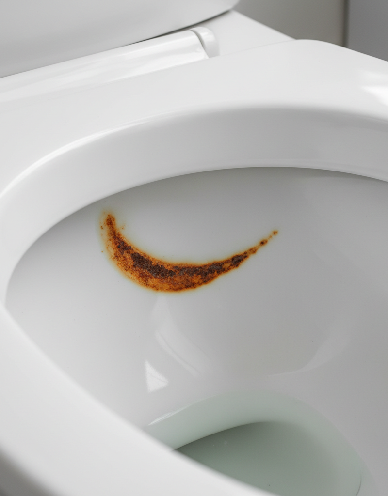 Stubborn orange rust stain inside a white toilet bowl, indicating high iron content in water