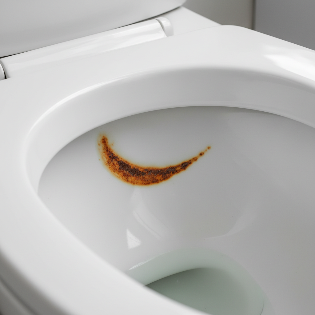 Stubborn orange rust stain inside a white toilet bowl, indicating high iron content in water