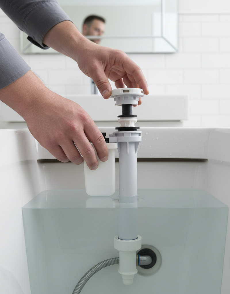 Homeowner's hands inspecting the fill valve and float inside a toilet tank during a slow fill troubleshooting.