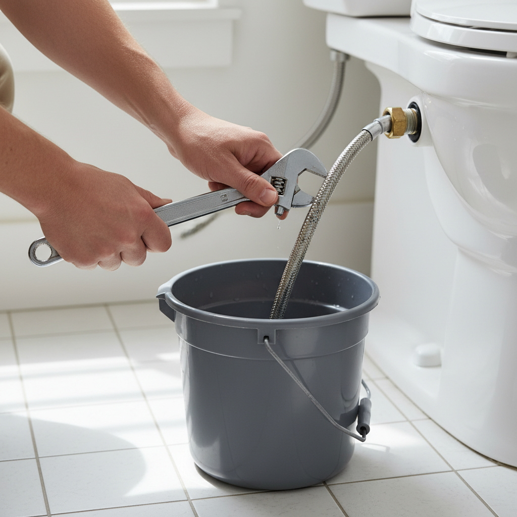 Homeowner disconnecting toilet supply line from fill valve to diagnose slow fill.