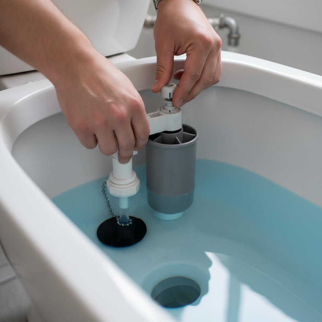Homeowner's hands adjusting the float cup mechanism of a toilet fill valve inside a tank to fix slow filling.