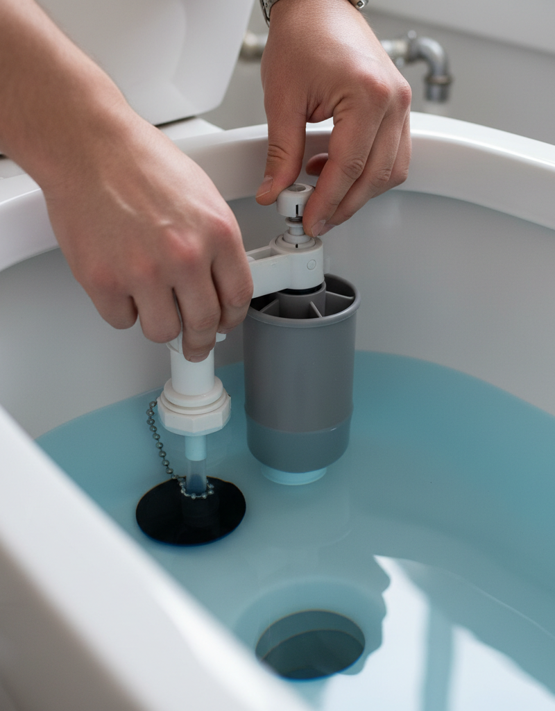 Homeowner's hands adjusting the float cup mechanism of a toilet fill valve inside a tank to fix slow filling.