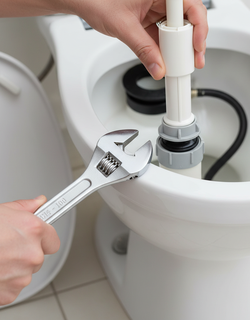 Homeowner repairing a toilet fill valve with a wrench.