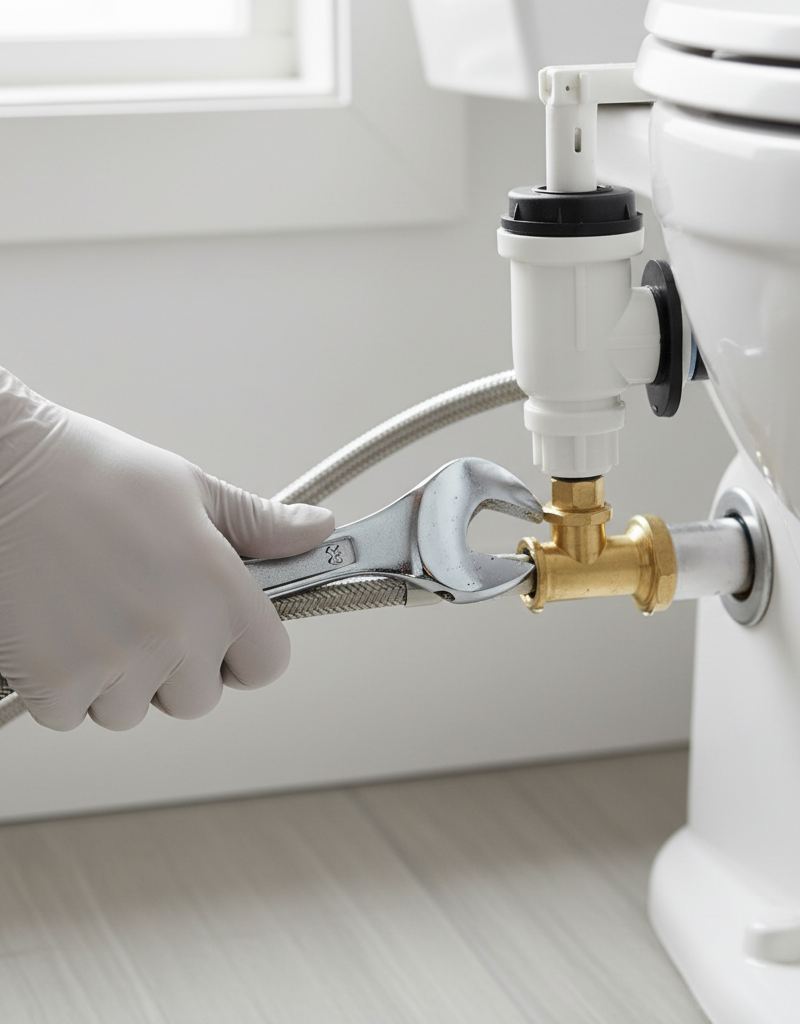 Hand tightening a toilet's water supply line to fix a slow filling tank.