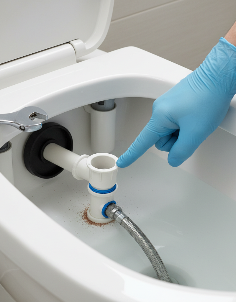 Homeowner inspecting and cleaning the toilet fill valve inside the tank to fix slow filling.
