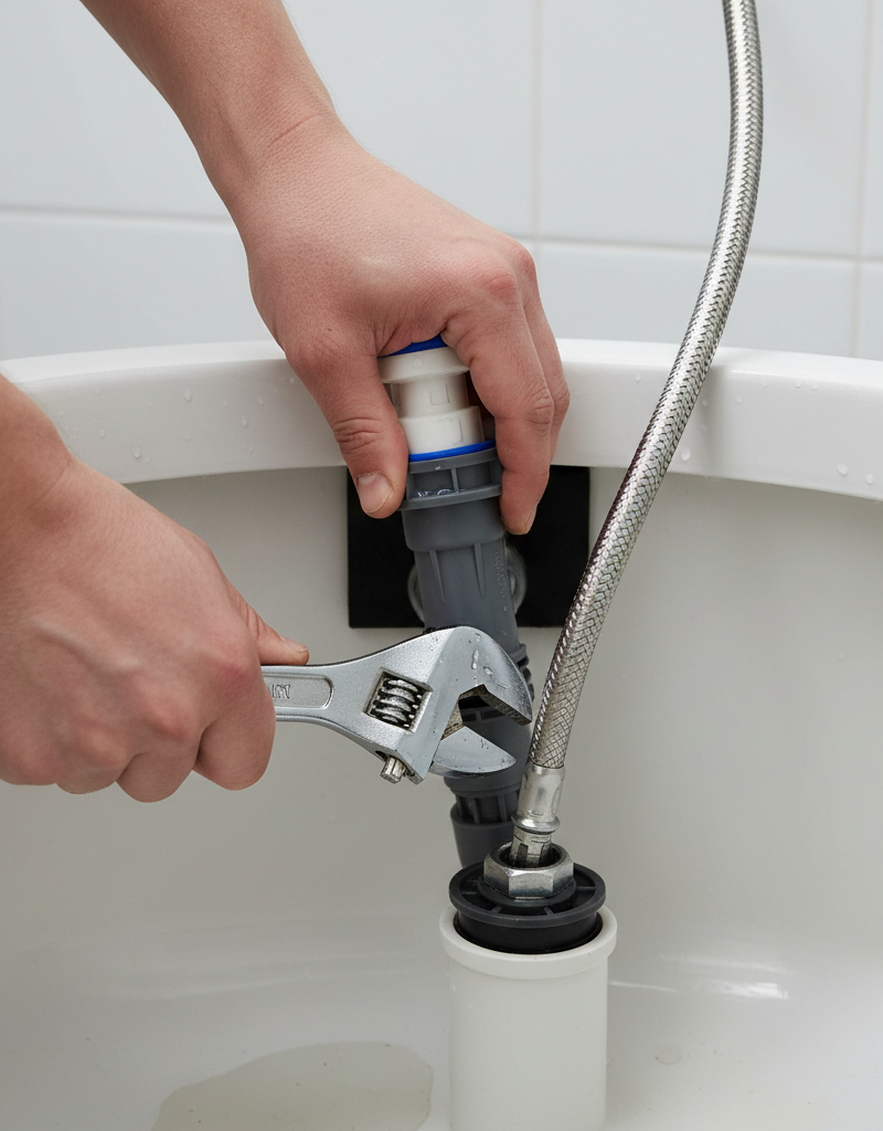 Homeowner using a wrench to fix a slow-filling toilet fill valve inside a tank.