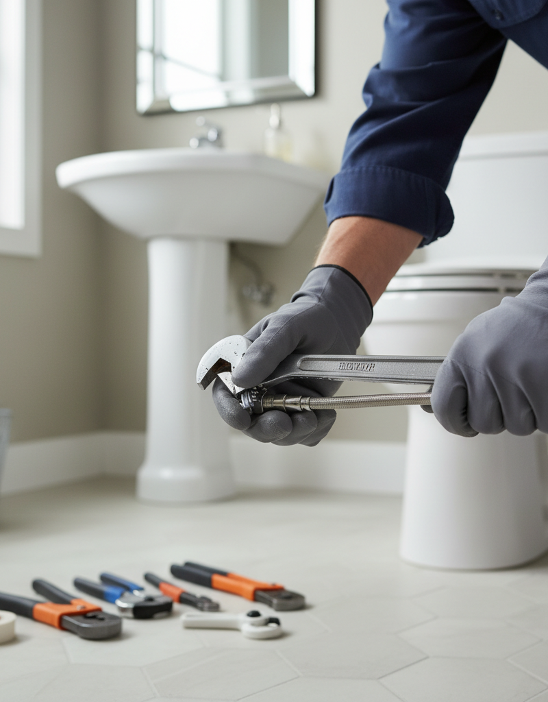 Homeowner using an adjustable wrench to disconnect the toilet water supply line from the fill valve.