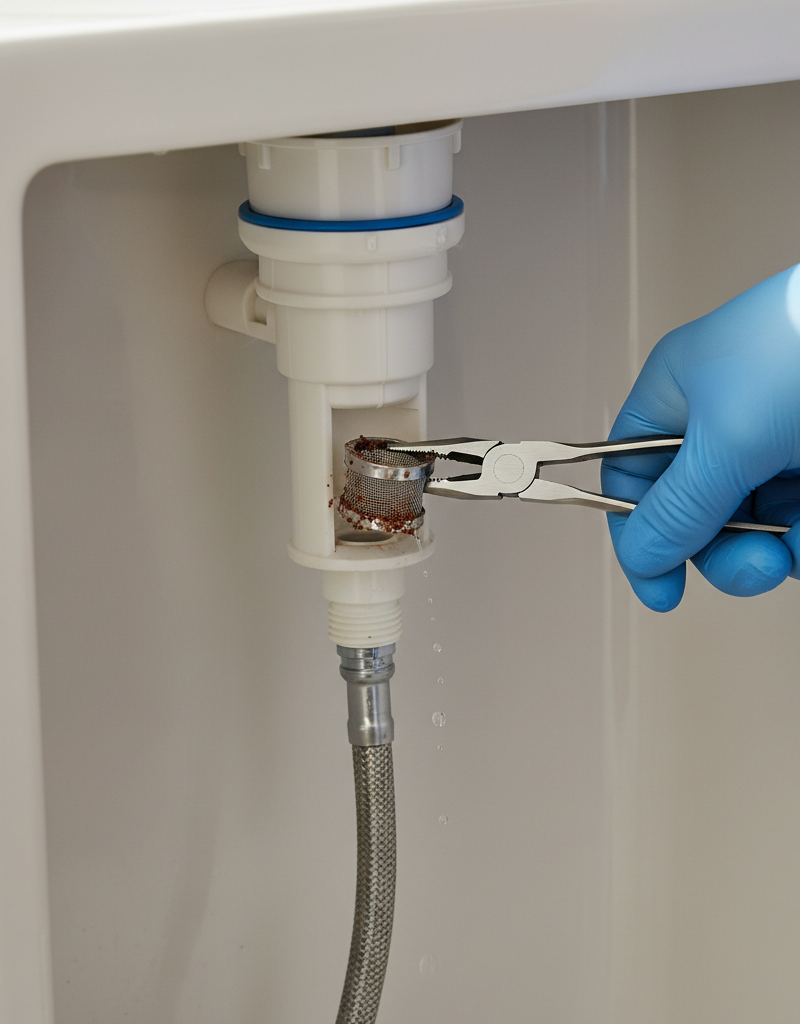 Hand removing clogged inlet screen from toilet fill valve for cleaning