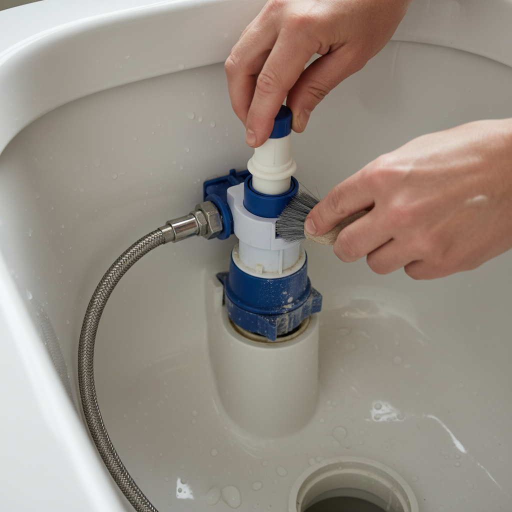 Homeowner inspecting the fill valve inside a toilet tank to troubleshoot slow filling issues.