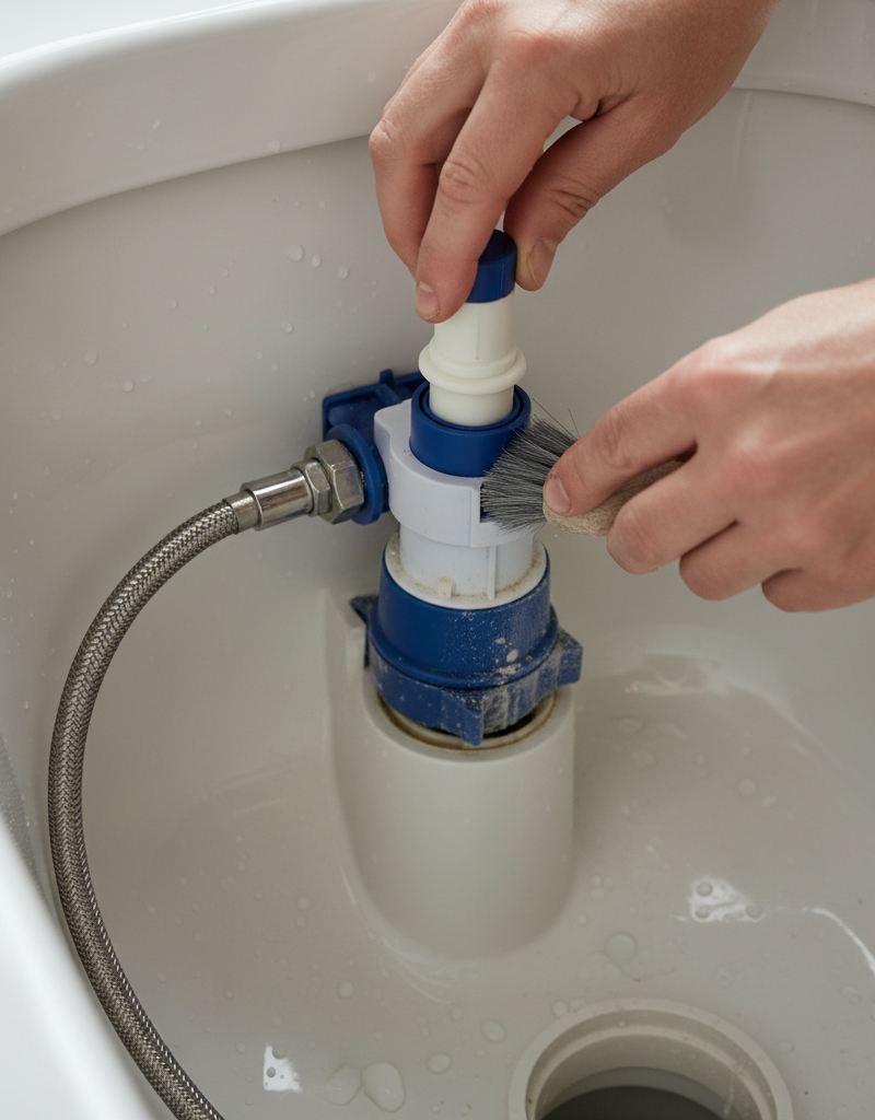 Homeowner inspecting the fill valve inside a toilet tank to troubleshoot slow filling issues.