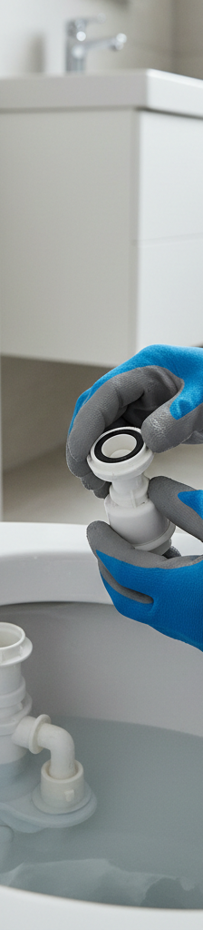 Man's hands fixing a toilet fill valve with the cap removed, showing the internal mechanism.