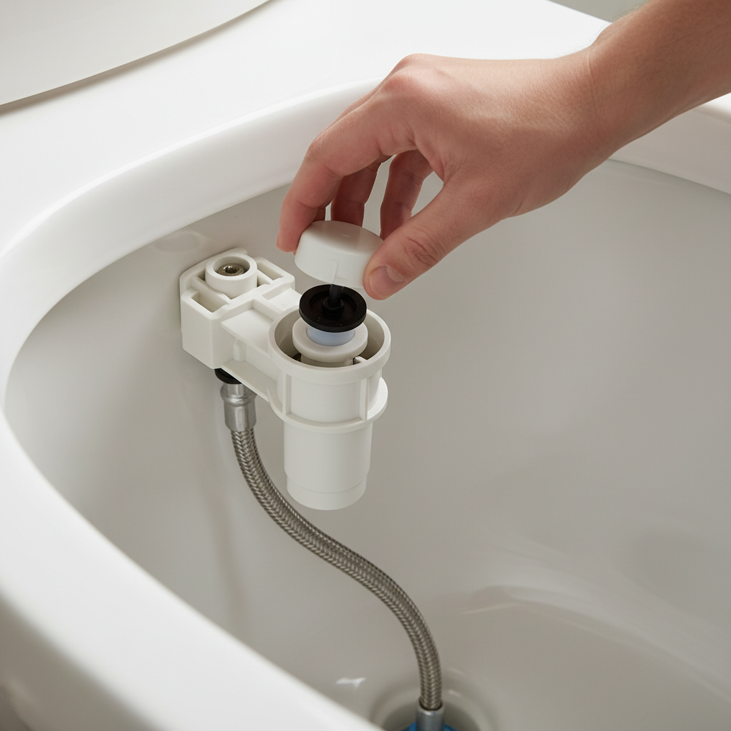 Homeowner's hand inspecting a toilet fill valve inside a clean, empty tank.