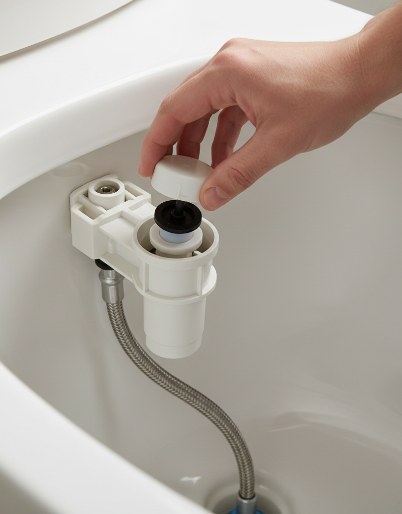 Homeowner's hand inspecting a toilet fill valve inside a clean, empty tank.