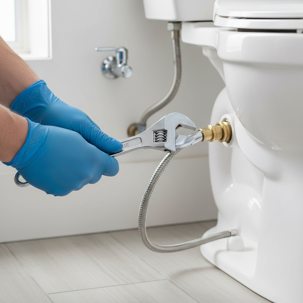 Homeowner disconnecting a toilet water supply line to fix a slow filling tank