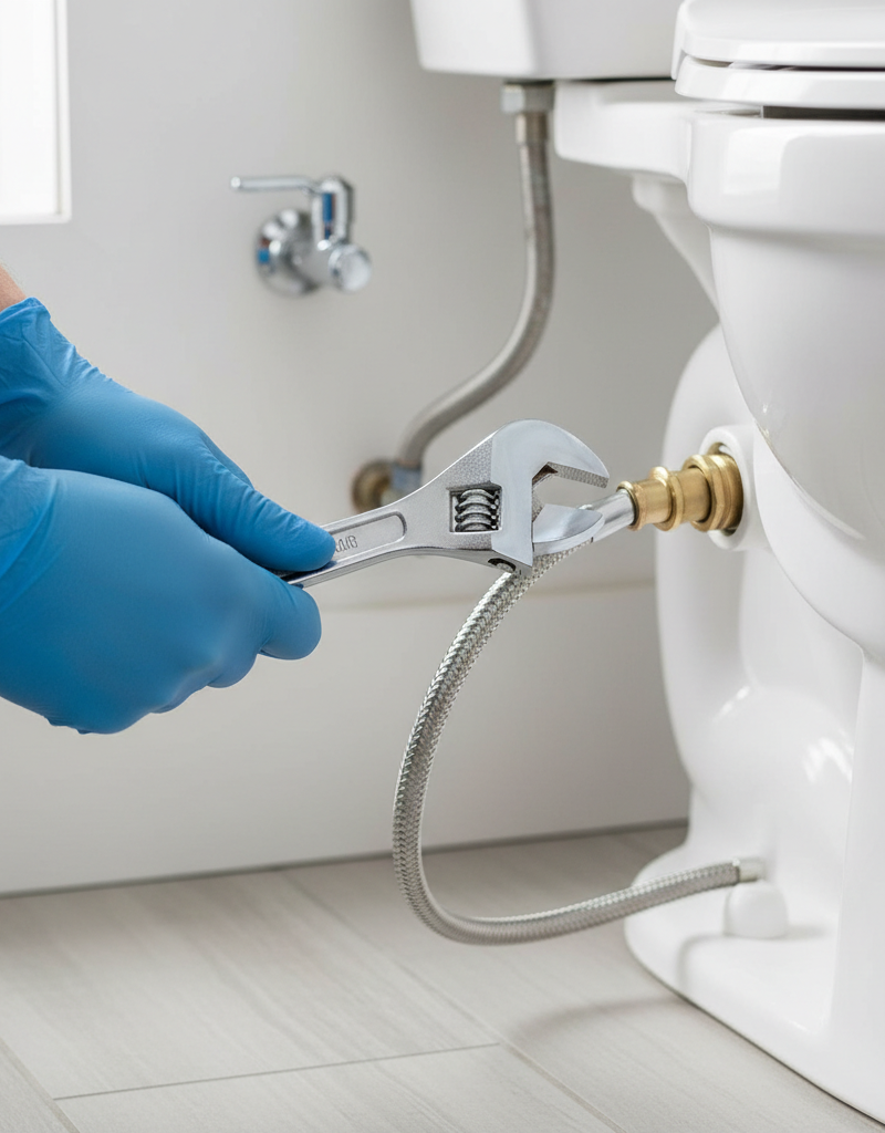 Homeowner disconnecting a toilet water supply line to fix a slow filling tank