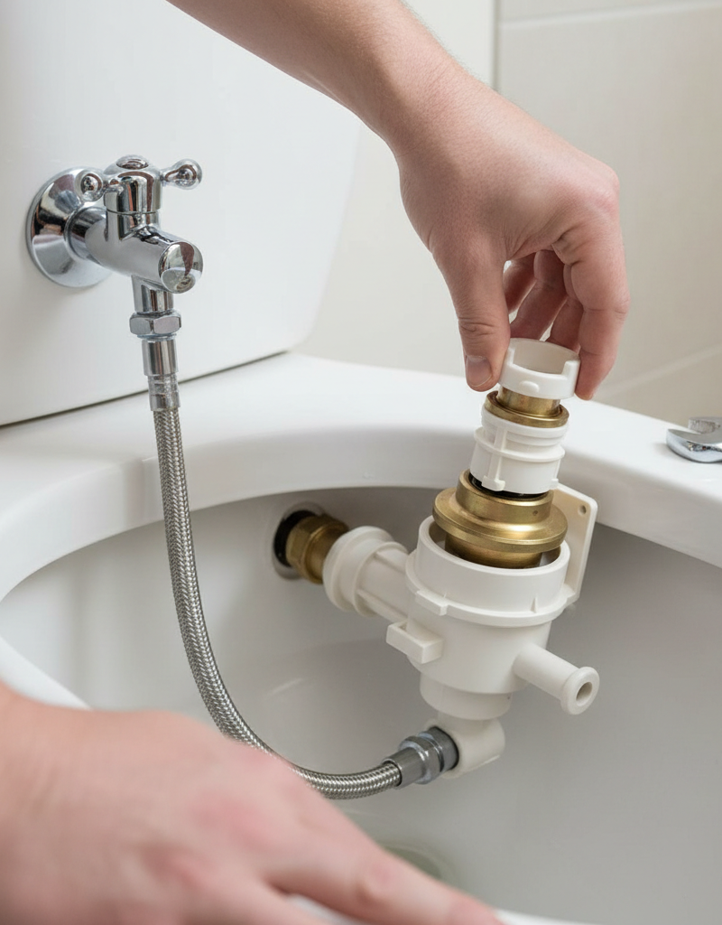 Homeowner troubleshooting a slow-filling toilet tank, inspecting the fill valve and water supply connections.