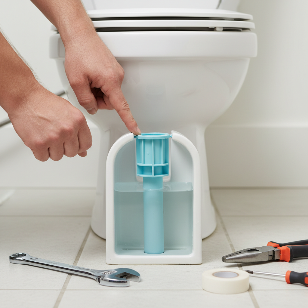 Homeowner inspecting and fixing a slow-filling toilet tank's fill valve.