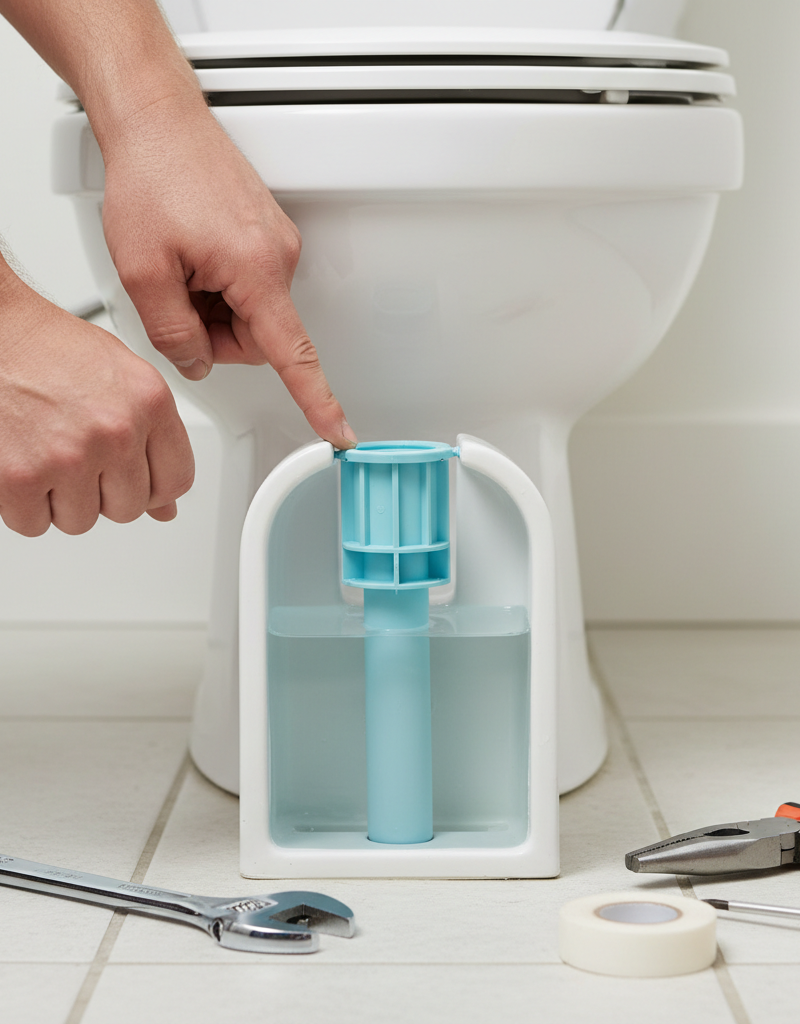 Homeowner inspecting and fixing a slow-filling toilet tank's fill valve.
