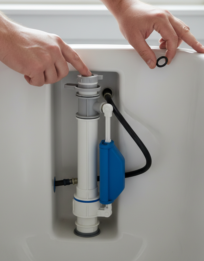 Homeowner inspecting the fill valve inside a toilet tank to troubleshoot slow filling issues.