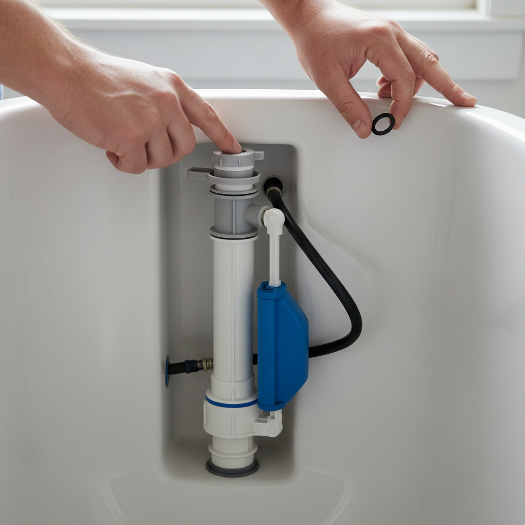 Homeowner inspecting the fill valve inside a toilet tank to troubleshoot slow filling issues.