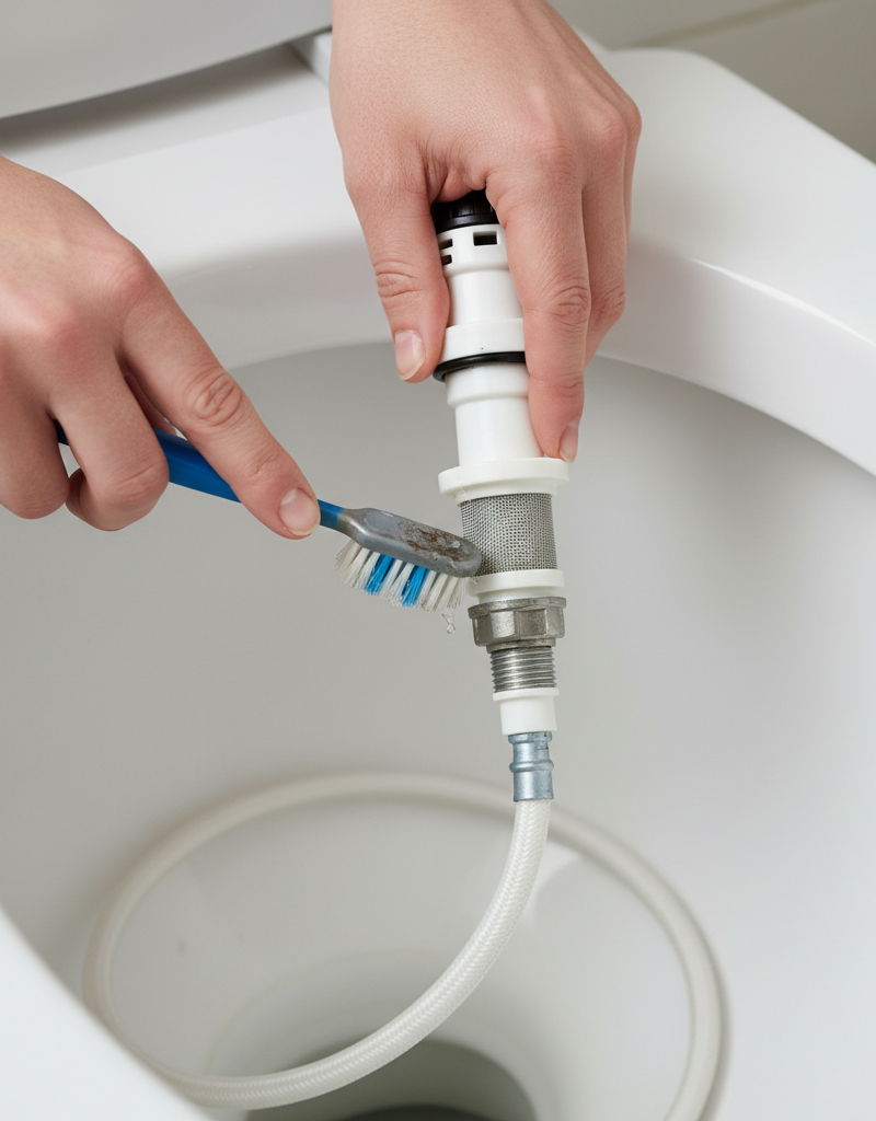 Homeowner's hands cleaning a dirty fill valve filter screen from a toilet tank with a toothbrush.