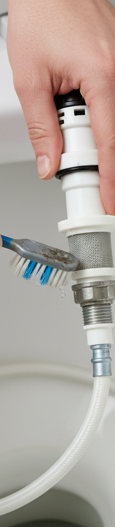 Homeowner's hands cleaning a dirty fill valve filter screen from a toilet tank with a toothbrush.