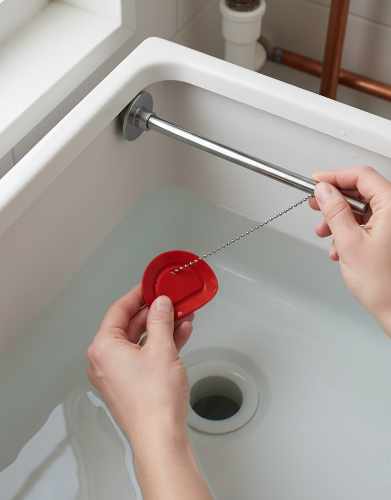 Homeowner's hands inspecting a toilet flapper inside a tank to fix a running toilet.