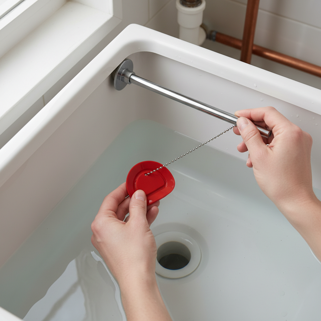 Homeowner's hands inspecting a toilet flapper inside a tank to fix a running toilet.