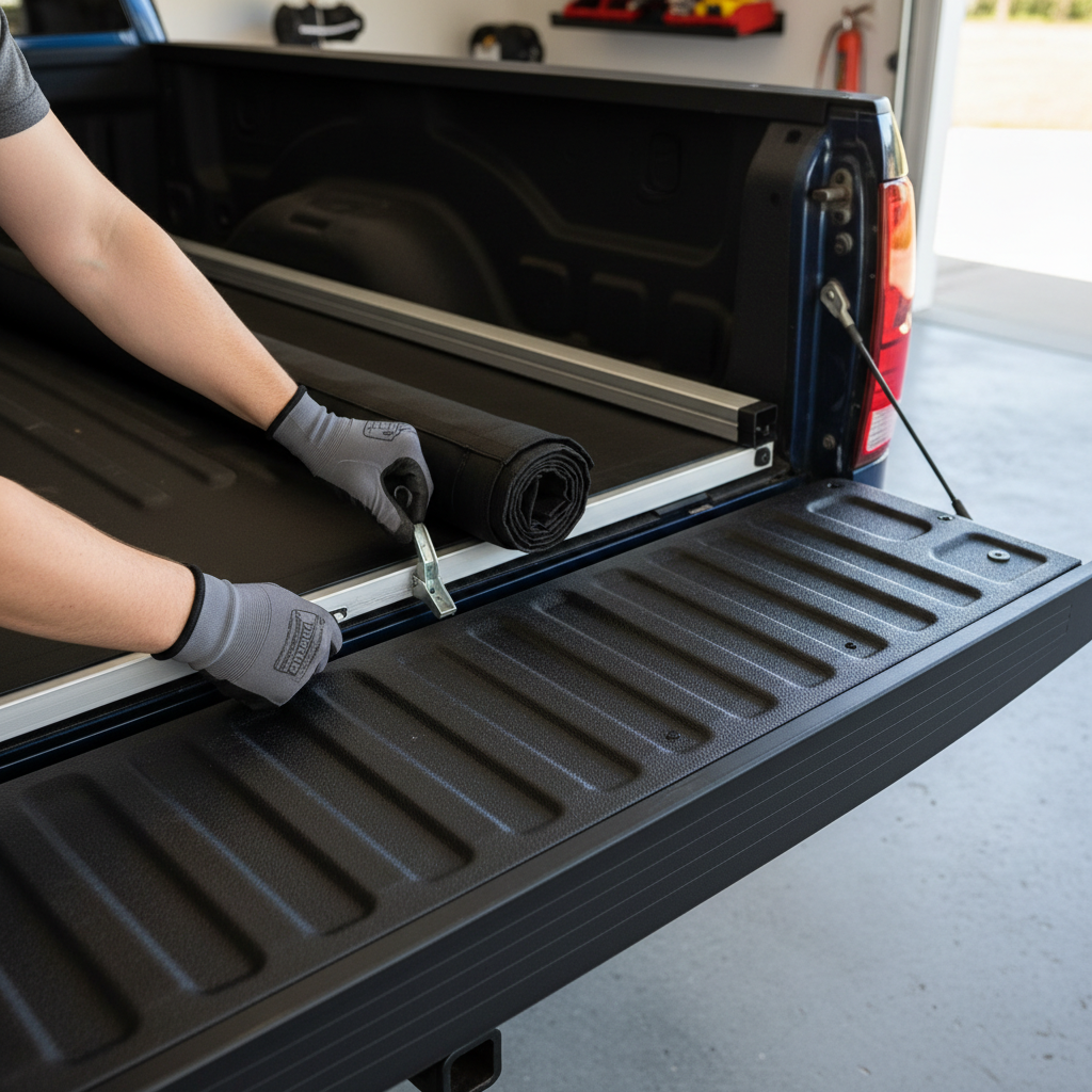 Homeowner's hands in work gloves installing a tonneau cover clamp on a truck bed rail