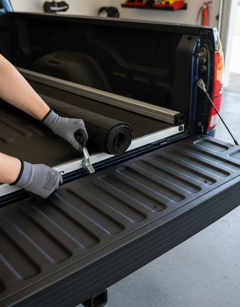Homeowner's hands in work gloves installing a tonneau cover clamp on a truck bed rail