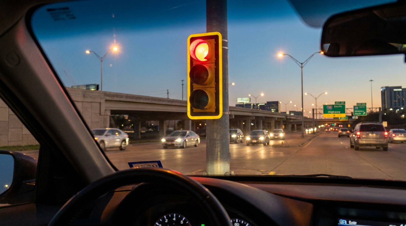 A close-up of a red traffic light with a reflective yellow border around it at dusk.