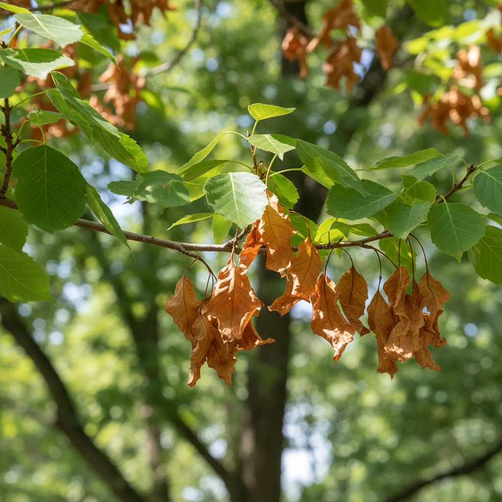 Tree with green and brown leaves, showing signs of stress or disease.