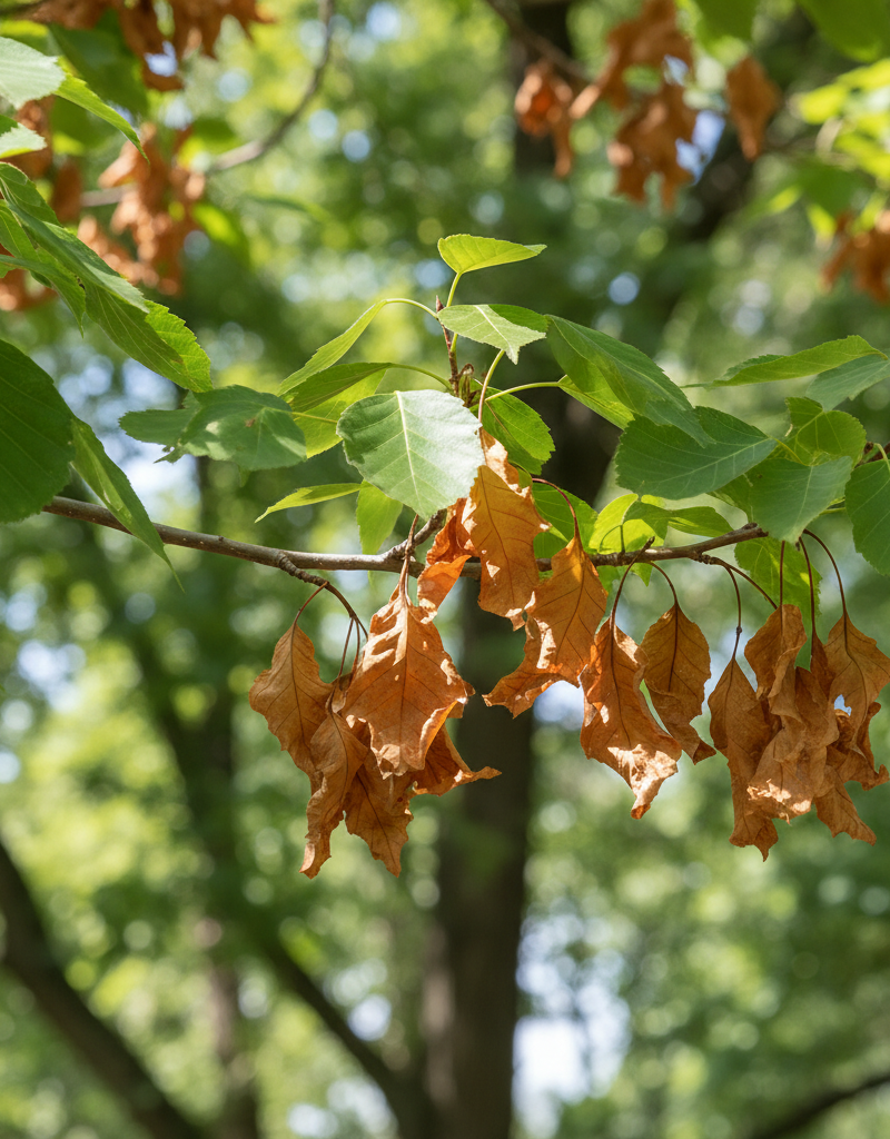 Tree with green and brown leaves, showing signs of stress or disease.